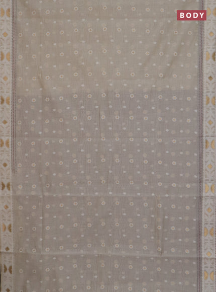 Chanderi silk cotton saree cream and pastel green with allover thread & zari woven buttas and jamdhani kantha stitch work border