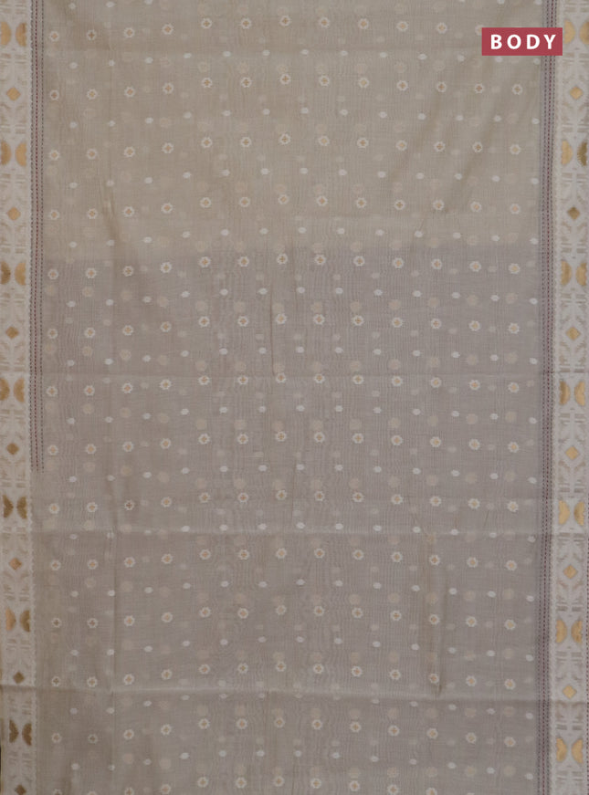 Chanderi silk cotton saree cream and pastel green with allover thread & zari woven buttas and jamdhani kantha stitch work border