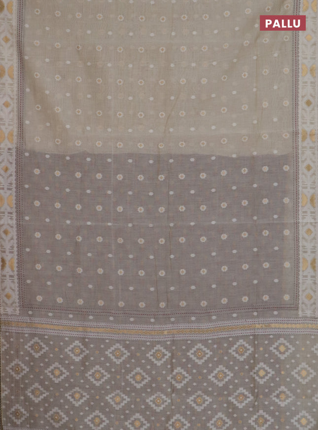 Chanderi silk cotton saree cream and pastel green with allover thread & zari woven buttas and jamdhani kantha stitch work border