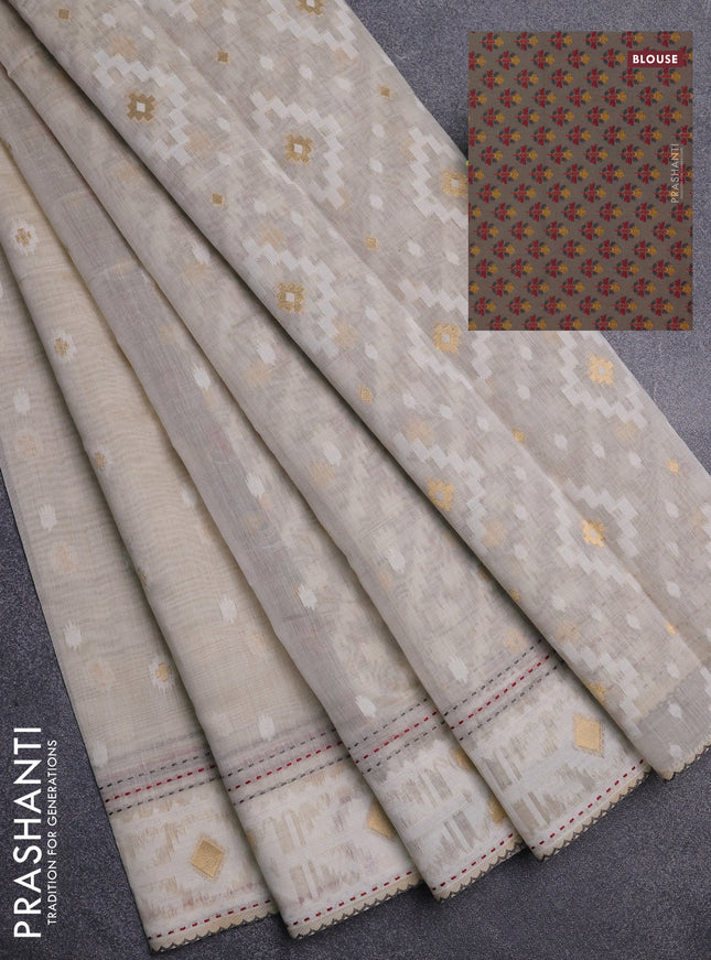 Chanderi silk cotton saree cream and pastel green with allover thread & zari woven buttas and jamdhani kantha stitch work border