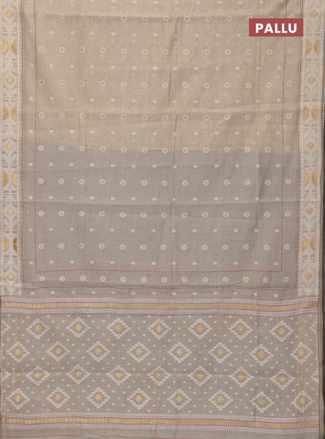 Chanderi silk cotton saree cream and grey with allover thread & zari woven buttas and jamdhani kantha stitch work border