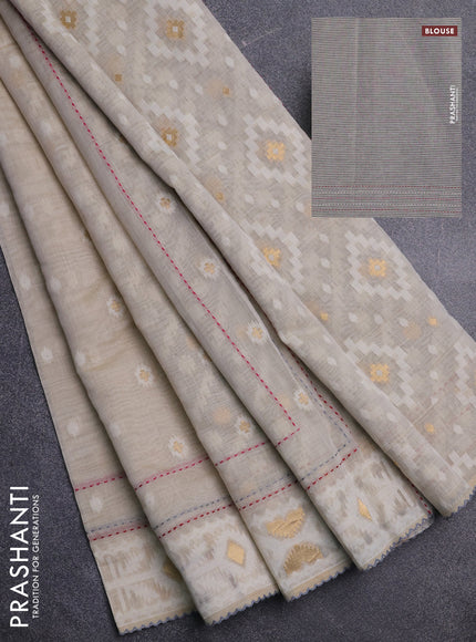 Chanderi silk cotton saree cream and grey with allover thread & zari woven buttas and jamdhani kantha stitch work border