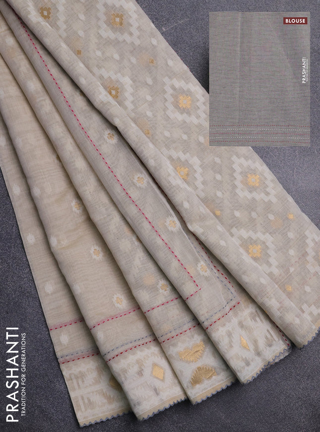 Chanderi silk cotton saree cream and grey with allover thread & zari woven buttas and jamdhani kantha stitch work border