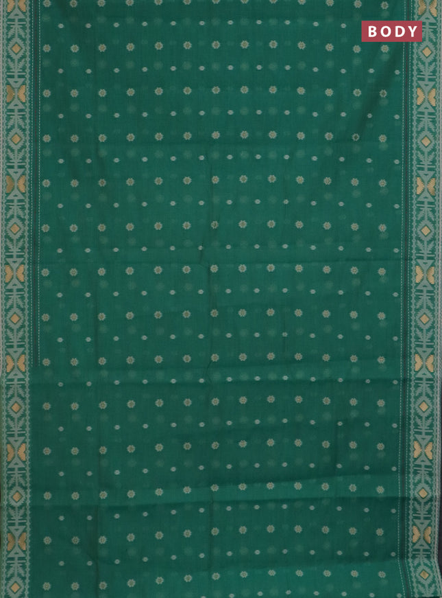 Chanderi silk cotton saree green shade and cream with allover thread & zari woven buttas and jamdhani kantha stitch work border