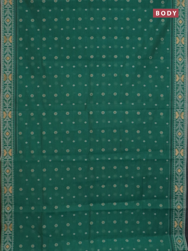 Chanderi silk cotton saree green shade and cream with allover thread & zari woven buttas and jamdhani kantha stitch work border