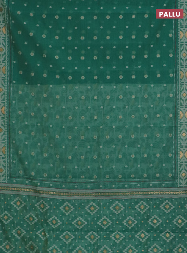 Chanderi silk cotton saree green shade and cream with allover thread & zari woven buttas and jamdhani kantha stitch work border