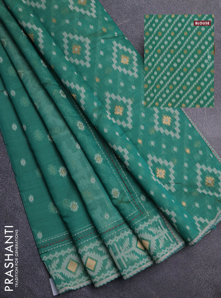 Chanderi silk cotton saree green shade and cream with allover thread & zari woven buttas and jamdhani kantha stitch work border