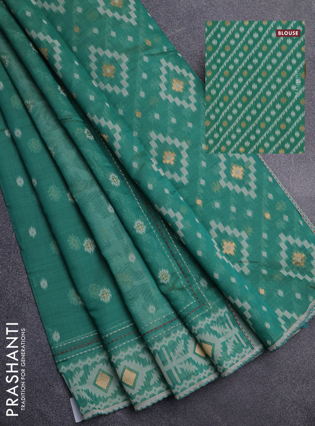 Chanderi silk cotton saree green shade and cream with allover thread & zari woven buttas and jamdhani kantha stitch work border