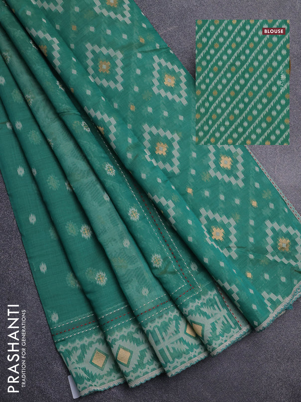 Chanderi silk cotton saree green shade and cream with allover thread & zari woven buttas and jamdhani kantha stitch work border