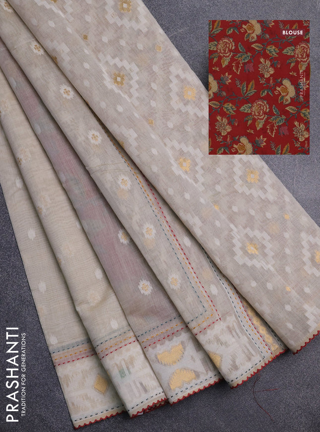 Chanderi silk cotton saree cream and maroon with allover thread & zari woven buttas and jamdhani kantha stitch work border