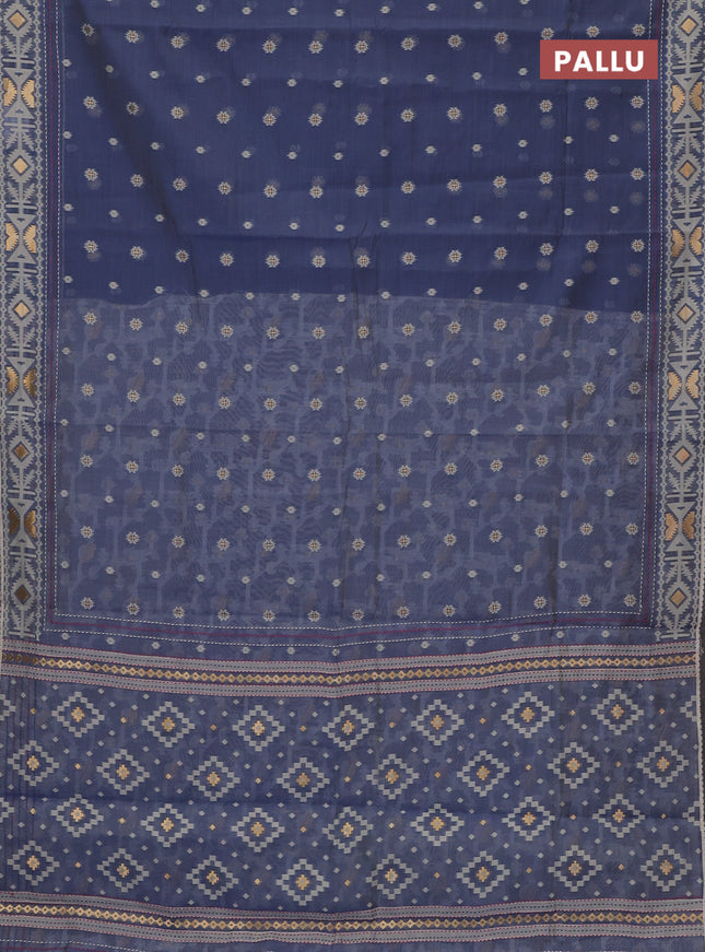 Chanderi silk cotton saree grey and cream with allover thread & zari woven buttas and jamdhani kantha stitch work border