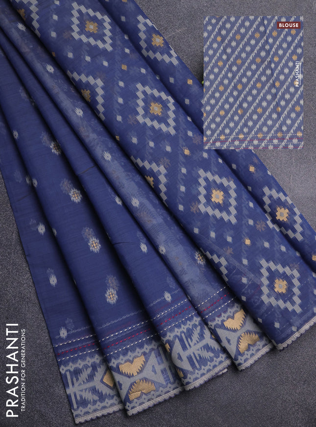 Chanderi silk cotton saree grey and cream with allover thread & zari woven buttas and jamdhani kantha stitch work border