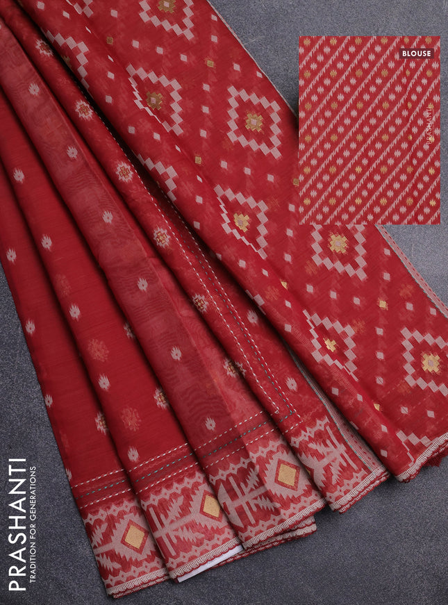 Chanderi silk cotton saree maroon with allover thread & zari woven buttas and jamdhani kantha stitch work border