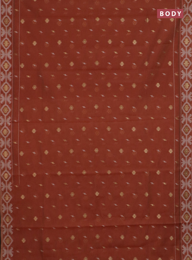 Chanderi silk cotton saree rust shade and cream with allover thread & zari woven buttas and jamdhani kantha stitch work border