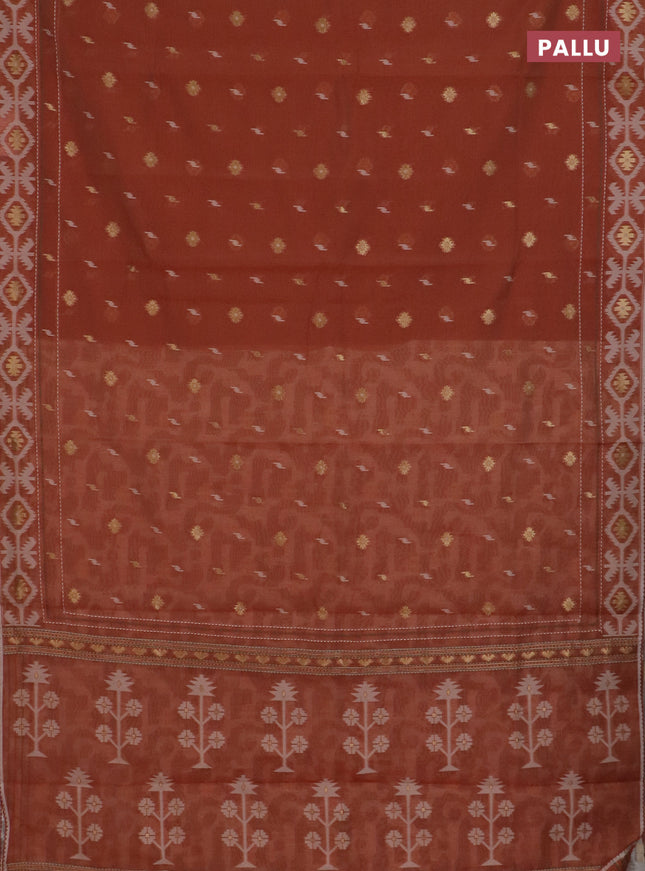 Chanderi silk cotton saree rust shade and cream with allover thread & zari woven buttas and jamdhani kantha stitch work border