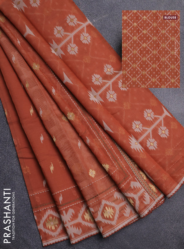 Chanderi silk cotton saree rust shade and cream with allover thread & zari woven buttas and jamdhani kantha stitch work border