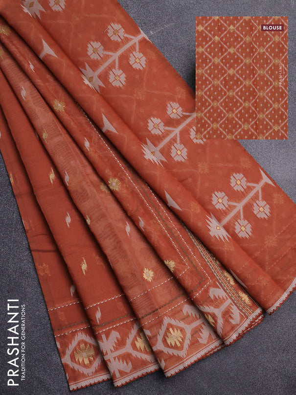 Chanderi silk cotton saree rust shade and cream with allover thread & zari woven buttas and jamdhani kantha stitch work border