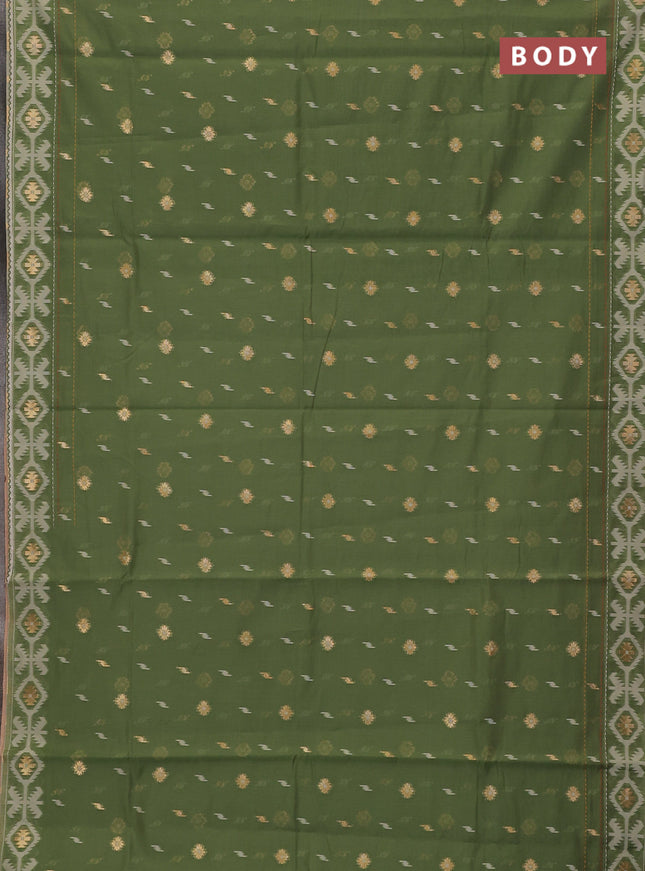 Chanderi silk cotton saree pastel green and orange with allover thread & zari woven buttas and jamdhani kantha stitch work border