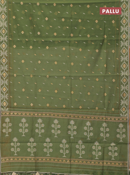 Chanderi silk cotton saree pastel green and orange with allover thread & zari woven buttas and jamdhani kantha stitch work border