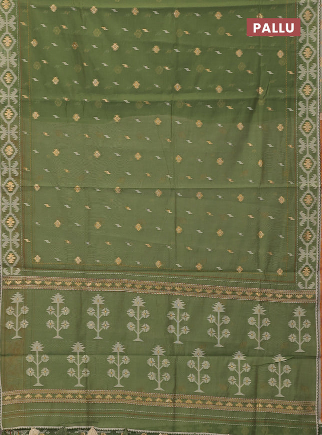 Chanderi silk cotton saree pastel green and orange with allover thread & zari woven buttas and jamdhani kantha stitch work border