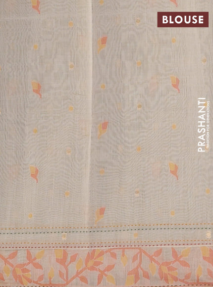 Chanderi silk cotton saree pastel green and orange with allover thread & zari woven buttas and jamdhani kantha stitch work border