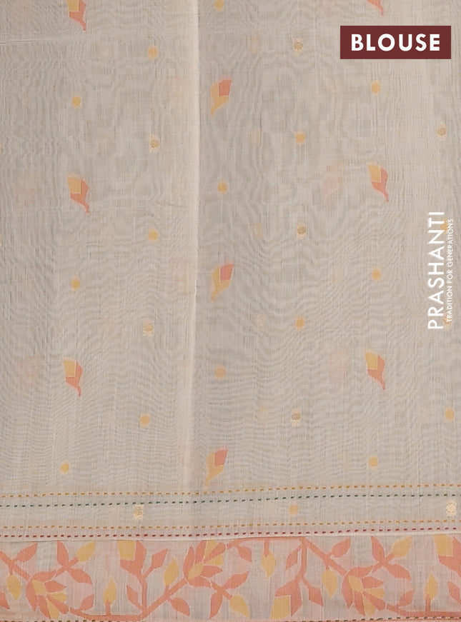 Chanderi silk cotton saree pastel green and orange with allover thread & zari woven buttas and jamdhani kantha stitch work border