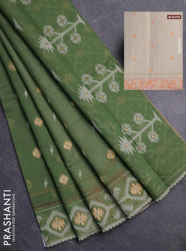 Chanderi silk cotton saree pastel green and orange with allover thread & zari woven buttas and jamdhani kantha stitch work border