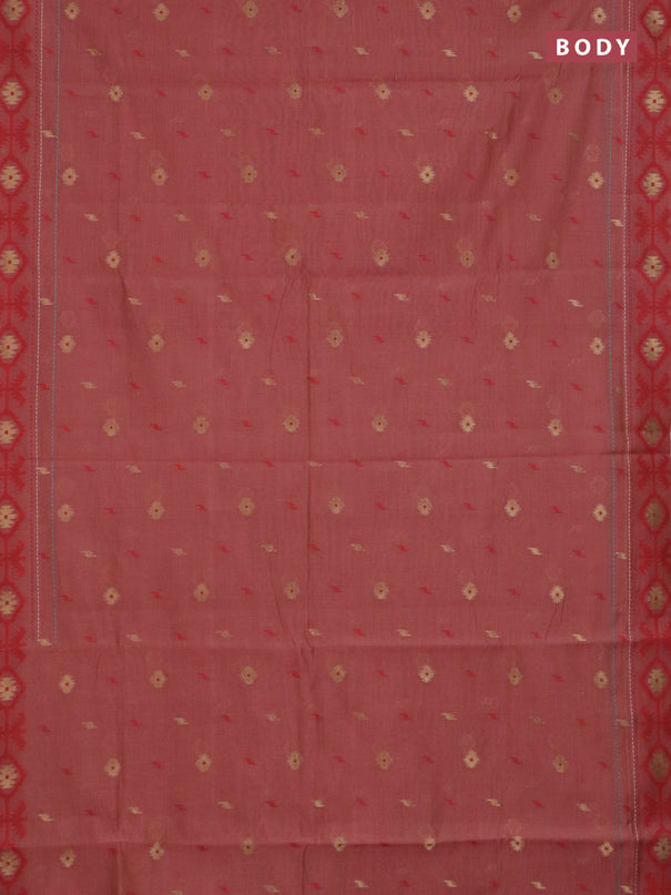 Chanderi silk cotton saree dark peach and cream with allover thread & zari woven buttas and jamdhani kantha stitch work border