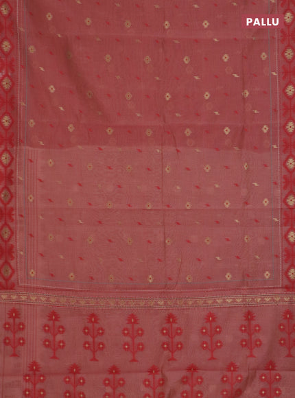 Chanderi silk cotton saree dark peach and cream with allover thread & zari woven buttas and jamdhani kantha stitch work border