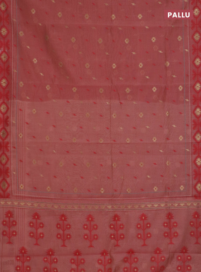 Chanderi silk cotton saree dark peach and cream with allover thread & zari woven buttas and jamdhani kantha stitch work border