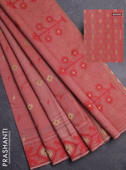 Chanderi silk cotton saree dark peach and cream with allover thread & zari woven buttas and jamdhani kantha stitch work border