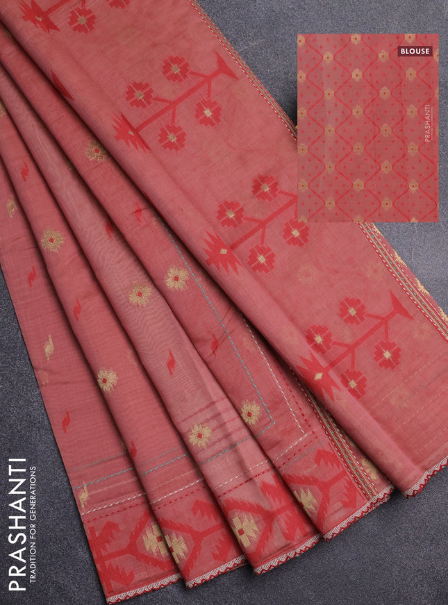 Chanderi silk cotton saree dark peach and cream with allover thread & zari woven buttas and jamdhani kantha stitch work border