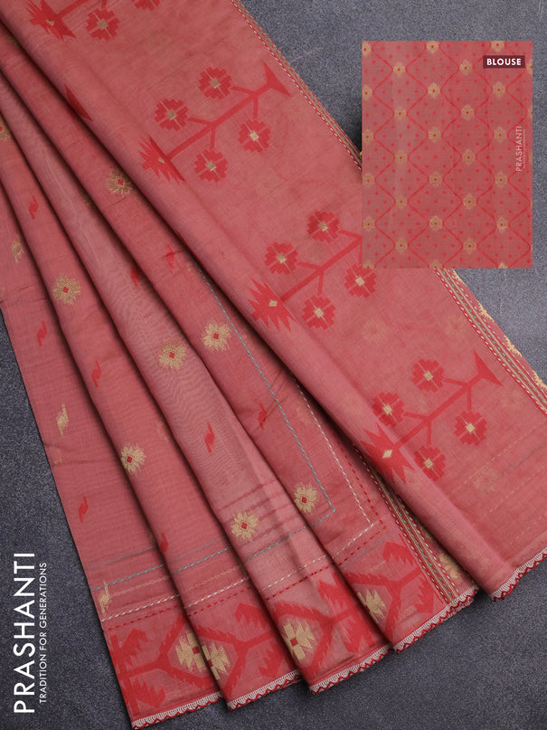 Chanderi silk cotton saree dark peach and cream with allover thread & zari woven buttas and jamdhani kantha stitch work border
