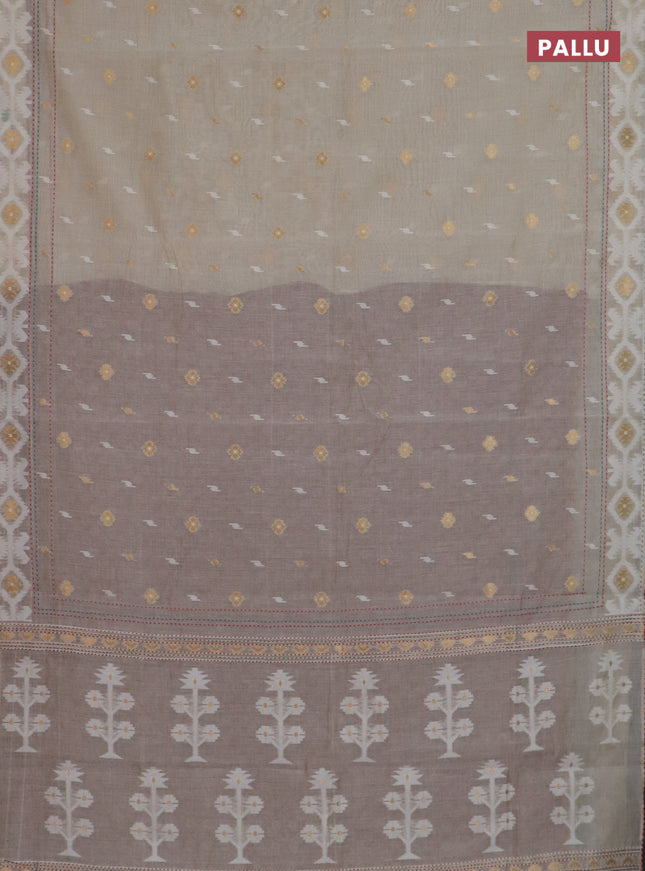 Chanderi silk cotton saree beige and maroon with allover thread & zari woven buttas and jamdhani kantha stitch work border