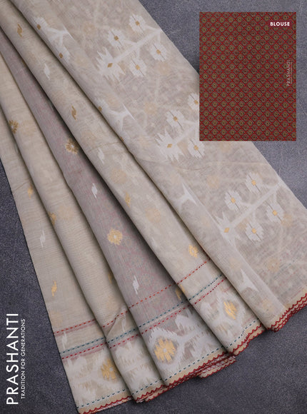 Chanderi silk cotton saree beige and maroon with allover thread & zari woven buttas and jamdhani kantha stitch work border
