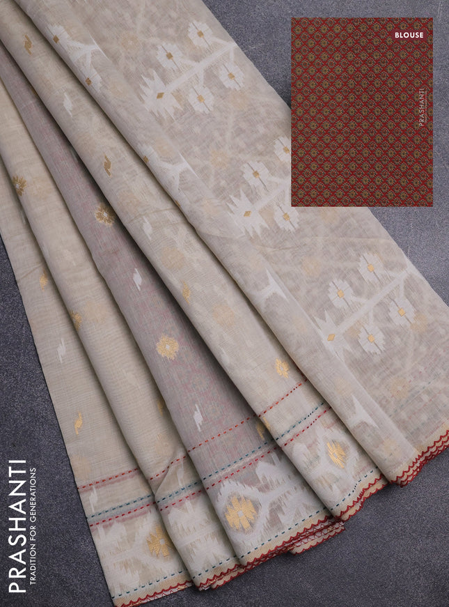 Chanderi silk cotton saree beige and maroon with allover thread & zari woven buttas and jamdhani kantha stitch work border