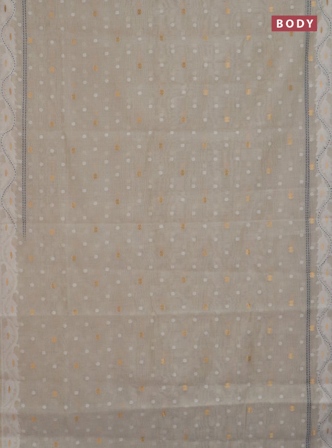 Chanderi silk cotton saree cream and navy blue with allover thread & zari woven buttas and jamdhani kantha stitch work border