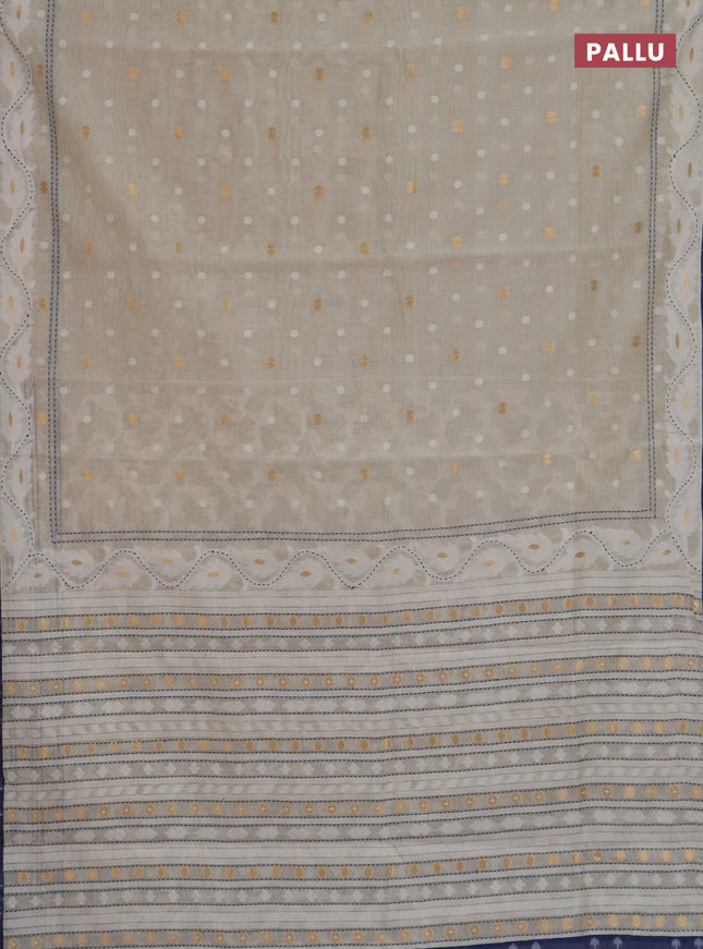 Chanderi silk cotton saree cream and navy blue with allover thread & zari woven buttas and jamdhani kantha stitch work border