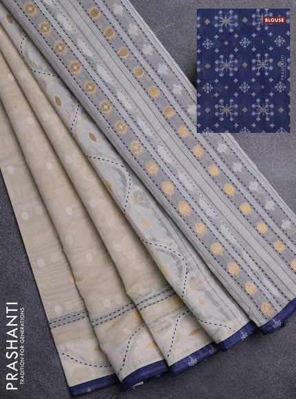 Chanderi silk cotton saree cream and navy blue with allover thread & zari woven buttas and jamdhani kantha stitch work border
