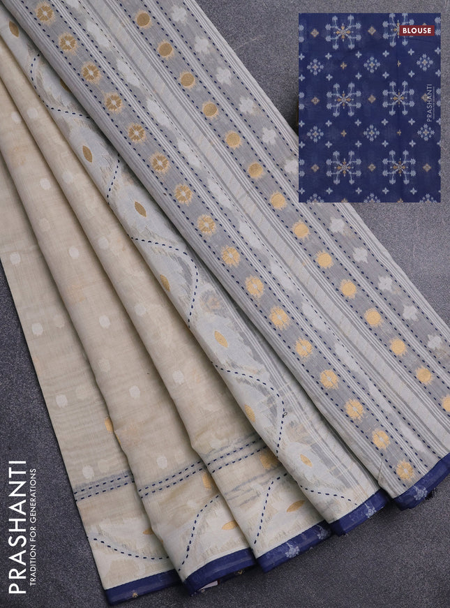 Chanderi silk cotton saree cream and navy blue with allover thread & zari woven buttas and jamdhani kantha stitch work border