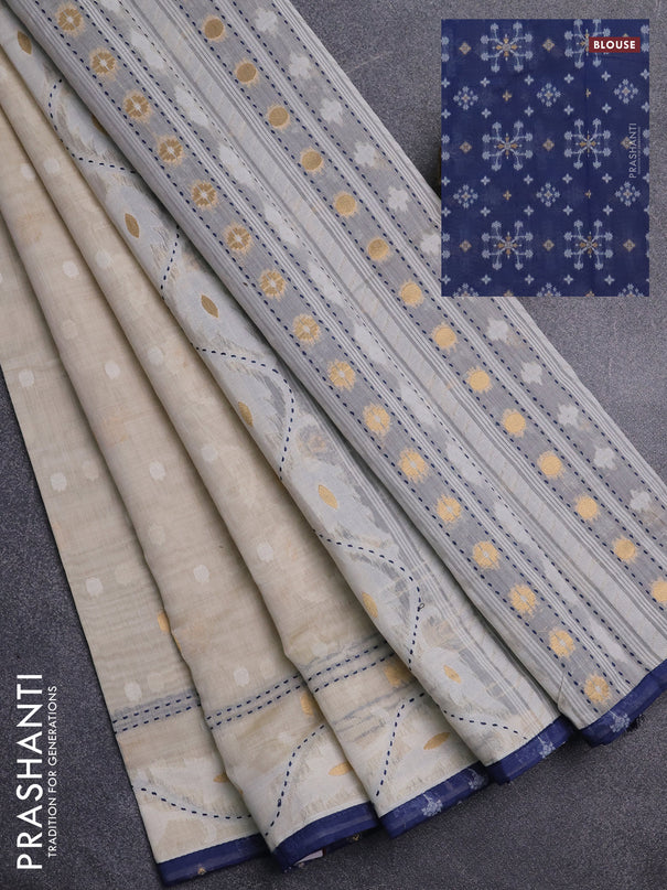 Chanderi silk cotton saree cream and navy blue with allover thread & zari woven buttas and jamdhani kantha stitch work border