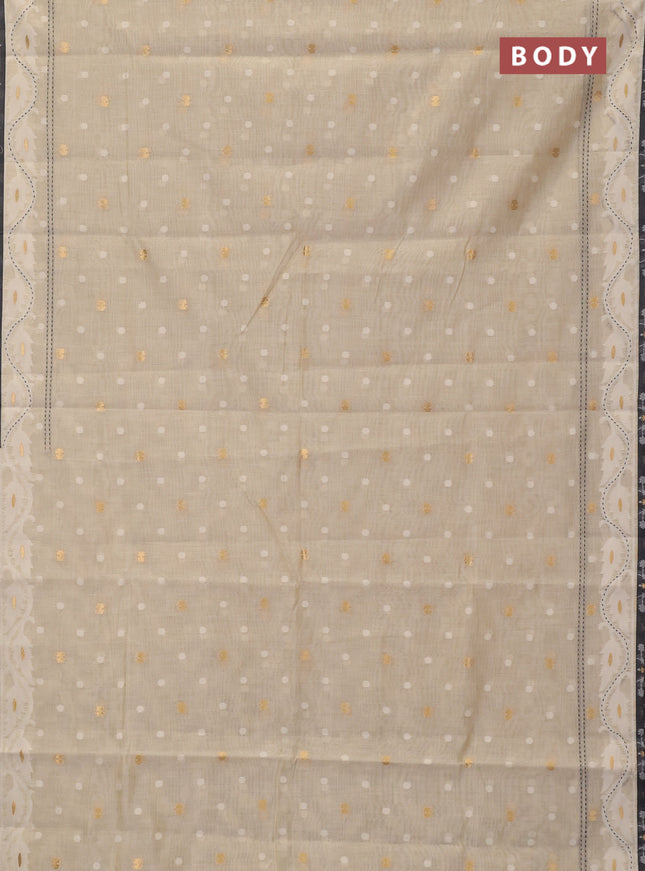 Chanderi silk cotton saree cream and black with allover thread & zari woven buttas and jamdhani kantha stitch work border
