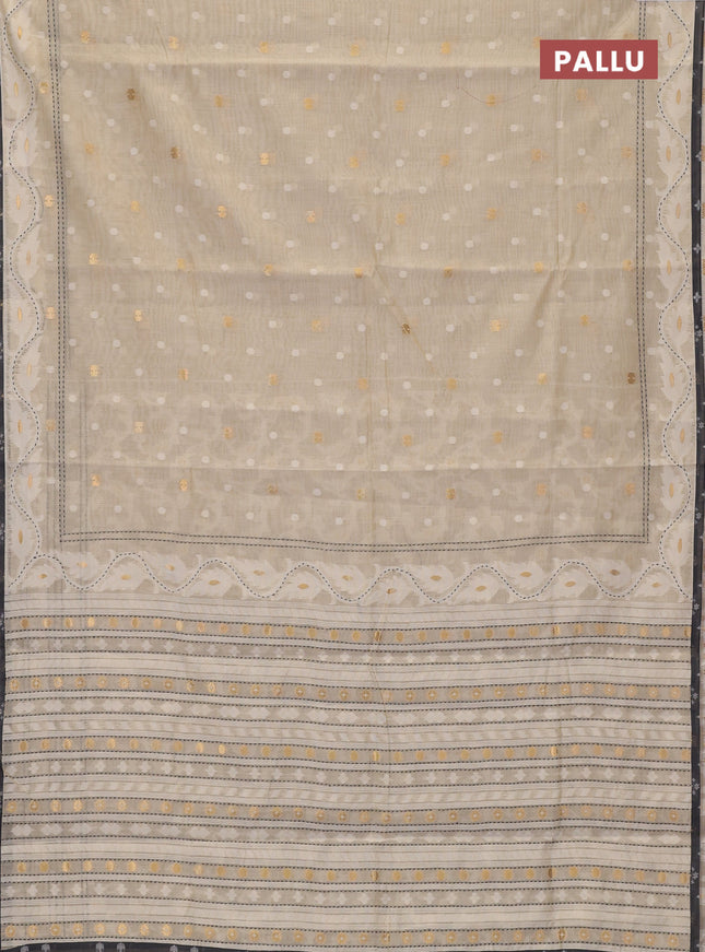 Chanderi silk cotton saree cream and black with allover thread & zari woven buttas and jamdhani kantha stitch work border