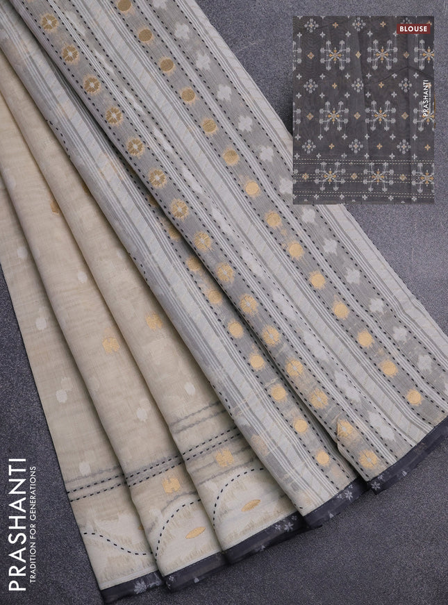 Chanderi silk cotton saree cream and black with allover thread & zari woven buttas and jamdhani kantha stitch work border