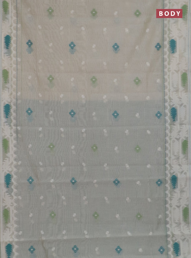 Chanderi silk cotton saree cream and teal green with allover thread woven buttas and jamdhani kantha stitch work border