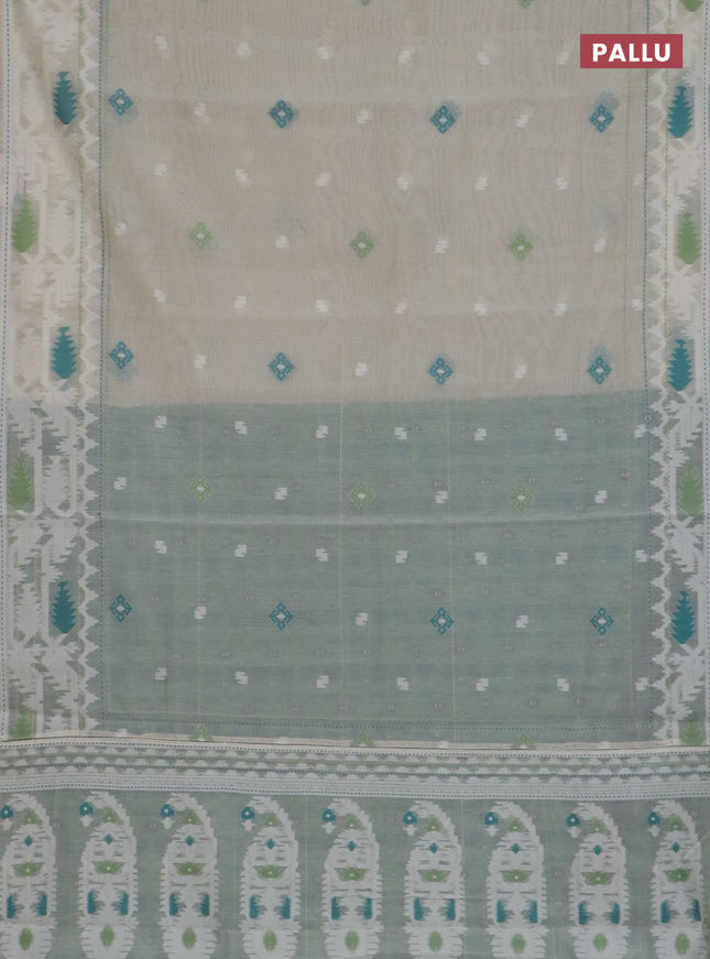 Chanderi silk cotton saree cream and teal green with allover thread woven buttas and jamdhani kantha stitch work border