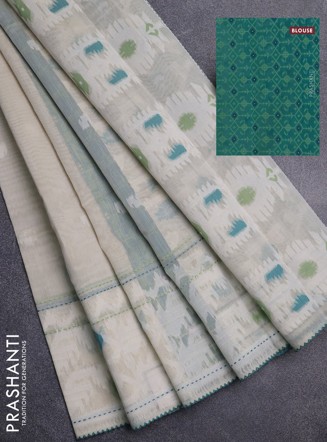 Chanderi silk cotton saree cream and teal green with allover thread woven buttas and jamdhani kantha stitch work border