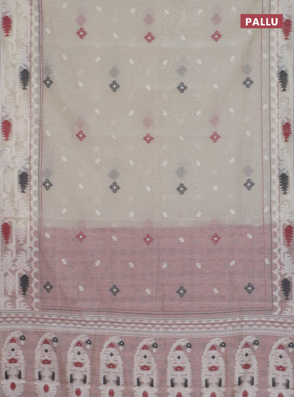 Chanderi silk cotton saree cream and maroon with allover thread woven buttas and jamdhani kantha stitch work border