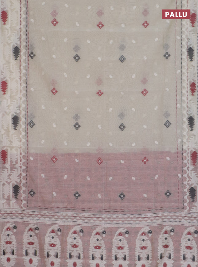 Chanderi silk cotton saree cream and maroon with allover thread woven buttas and jamdhani kantha stitch work border