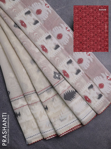 Chanderi silk cotton saree cream and maroon with allover thread woven buttas and jamdhani kantha stitch work border